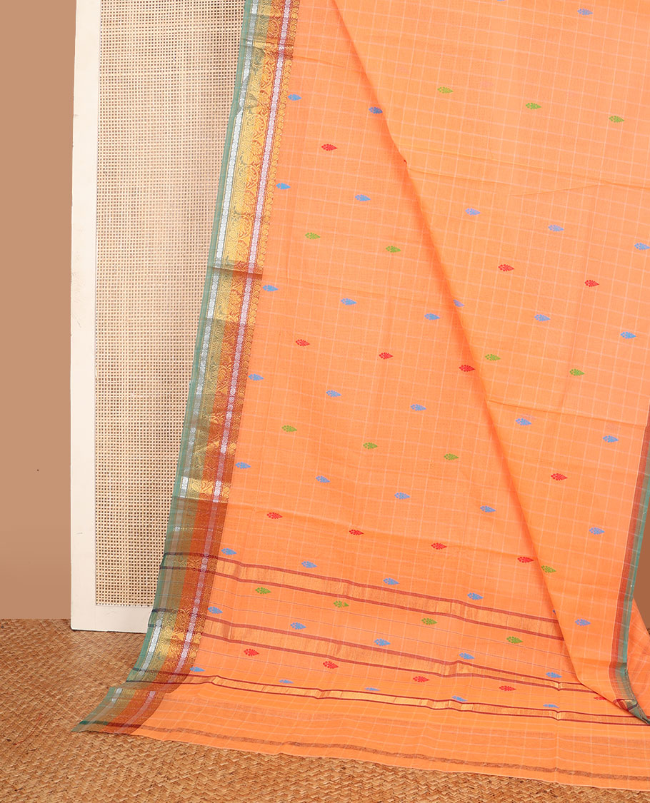 Orange checked & buttas Andhra cotton saree, contrast traditional zari border & pallu of stripes & buttas