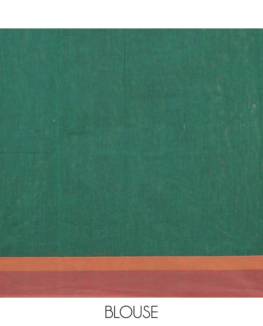 Green elephant motifs and geometric-patterned Coimbatore cotton saree, contrast border, and pallu of leaf and animal motifs print