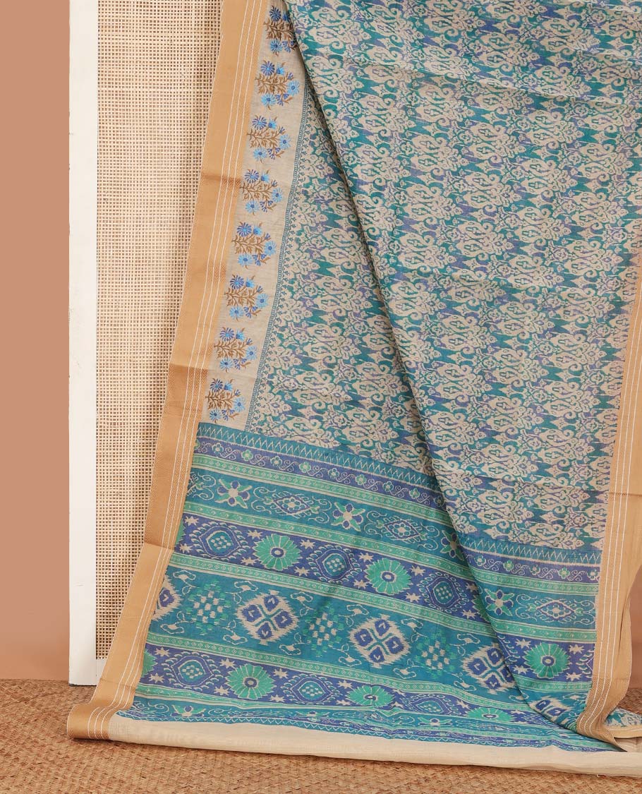Blue paisleys printed chanderi cotton saree, contrast traditional motifs border with floral thread embroidery, and intricate pallu