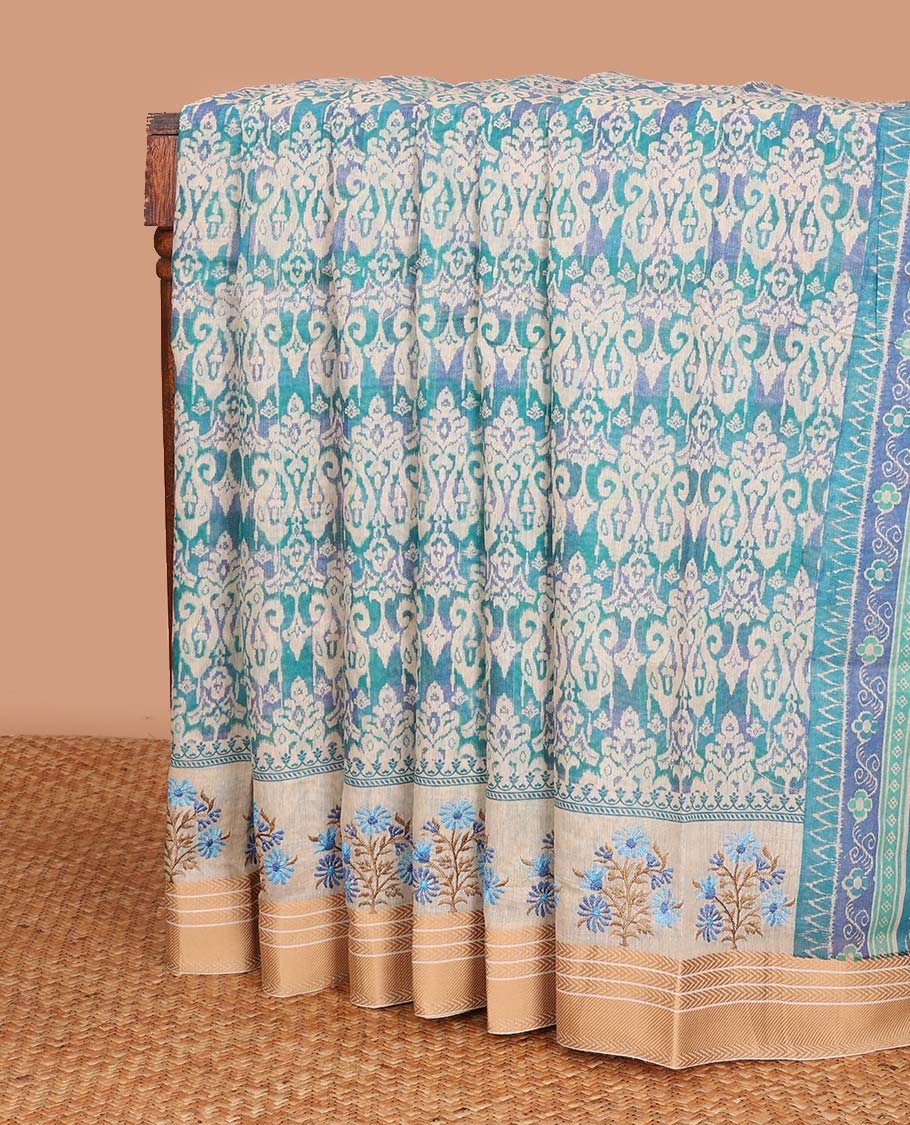 Blue paisleys printed chanderi cotton saree, contrast traditional motifs border with floral thread embroidery, and intricate pallu