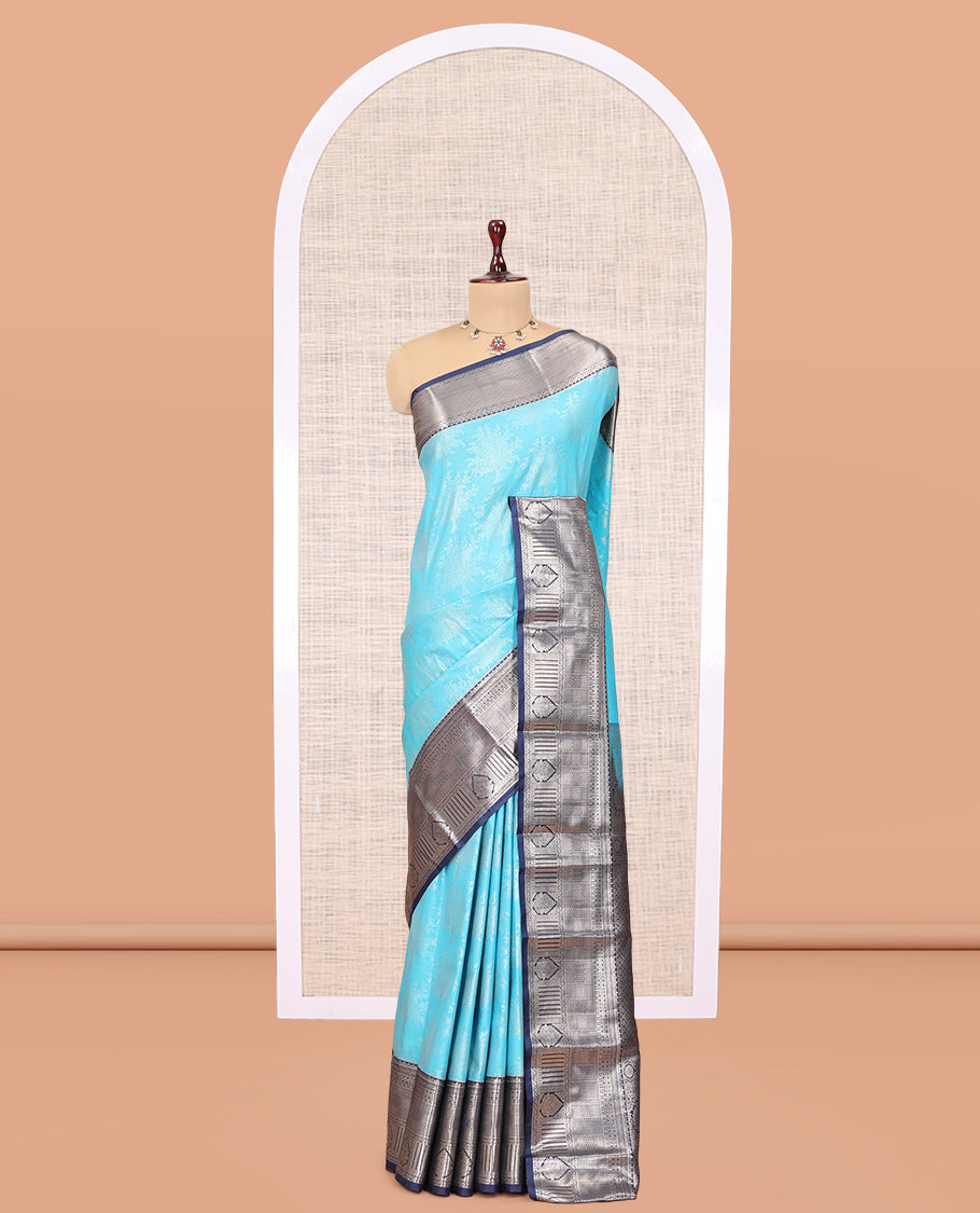 Light Blue-Navy Blue Tree Zari Butta Budget Silk Saree