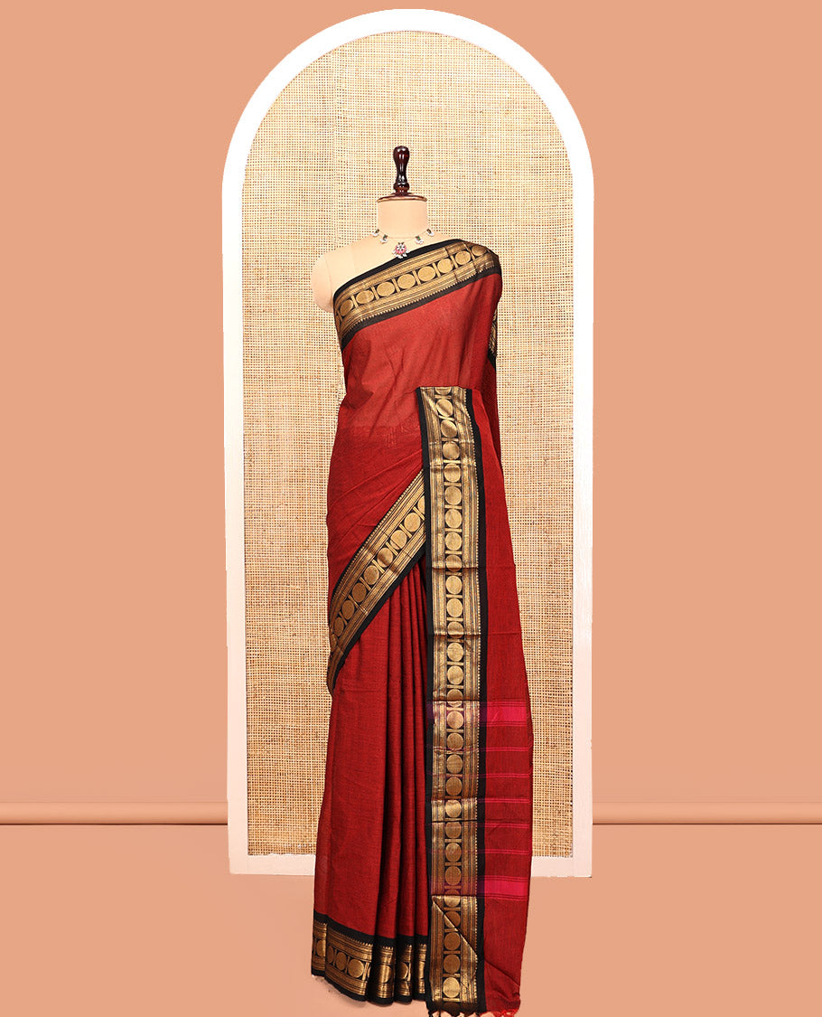 Maroon Plain Chettinad Cotton Saree, Complemented by a Contrast Rudraksham Design Traditional Zari Border, Subtly Striped Pallu, and Paired with a Matching Blouse