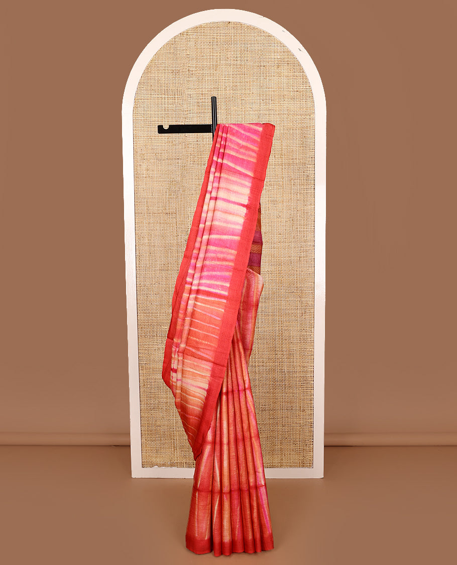 Multi-color shibori printed tussar silk saree, plain border, and pallu of temple, and chevron designs