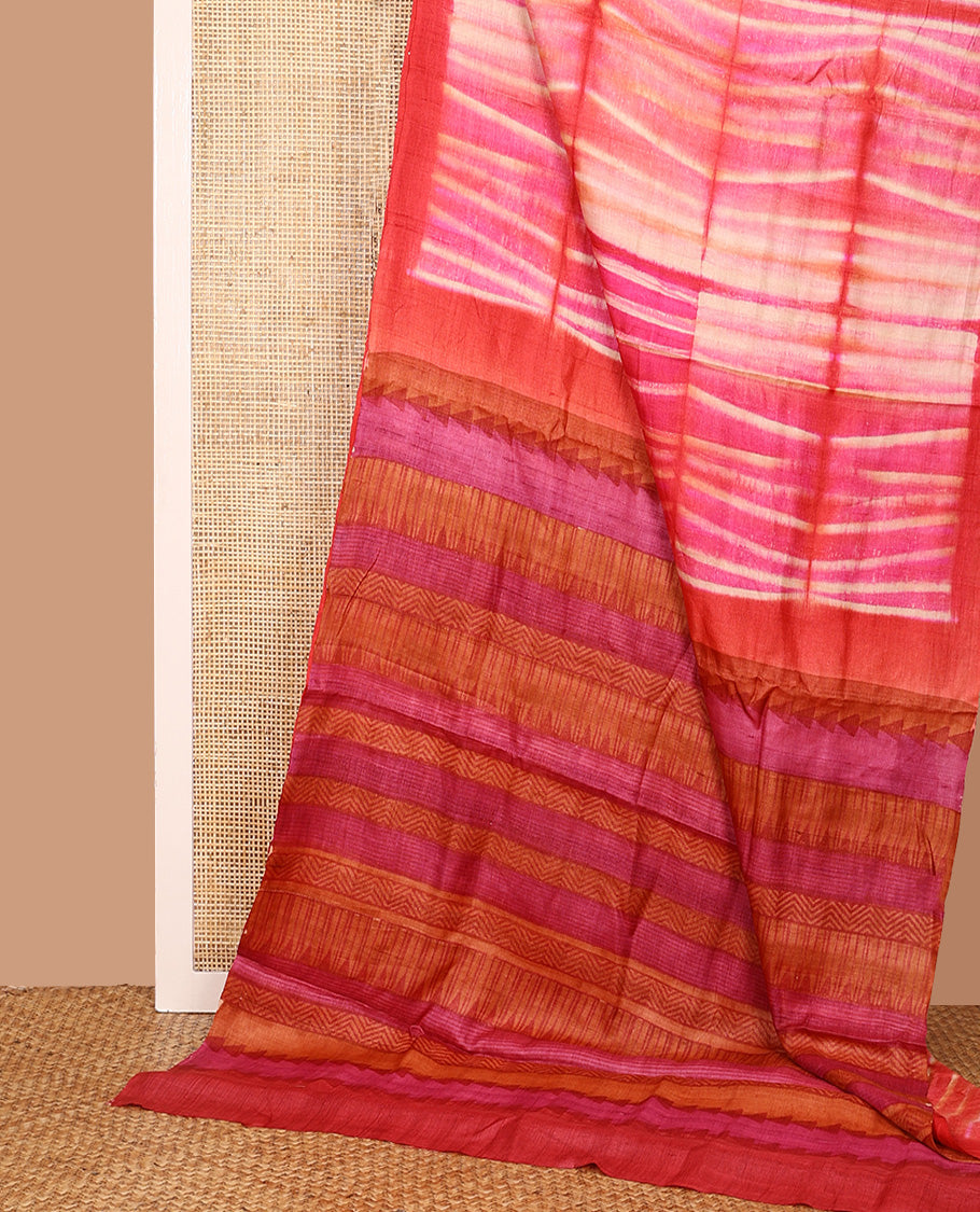 Multi-color shibori printed tussar silk saree, plain border, and pallu of temple, and chevron designs