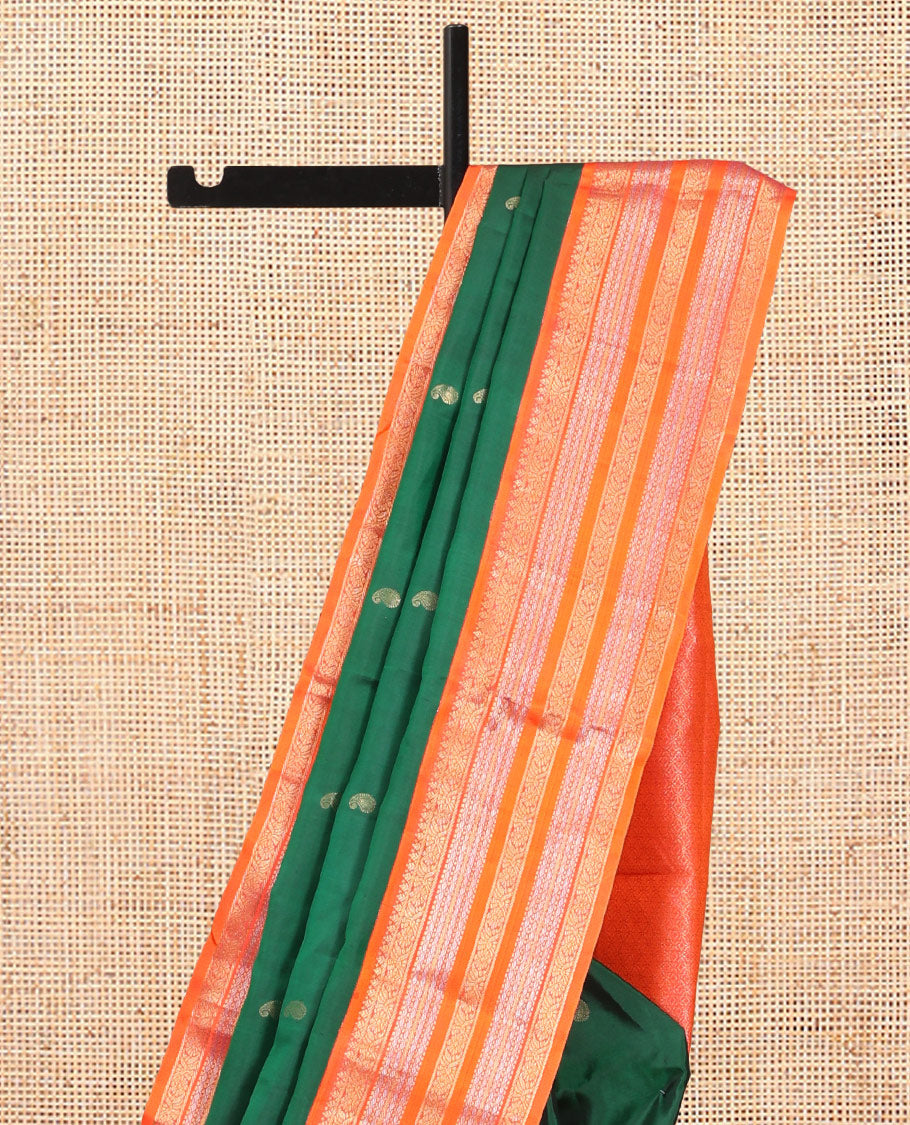 Green Manga-Chakra Buttas Vasundhara Silk Saree, Contrast Traditional Border, and Contrast Blouse