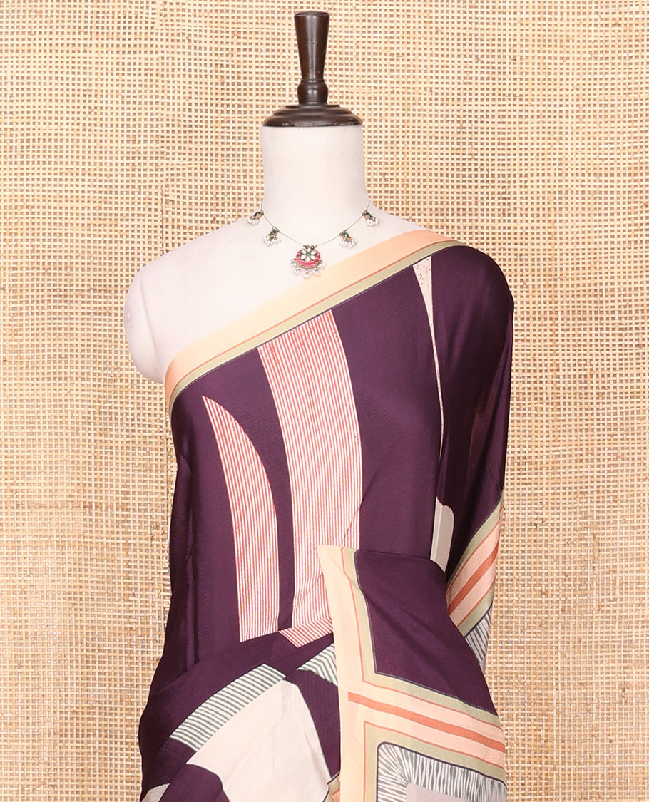 Purple Georgette Saree Accentuated with Geometric Pattern Print, Complemented by a Contrast Border, Pallu Adorned with Floral Print, and Paired with a Subtle Striped Blouse