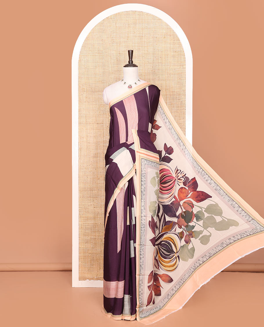 Purple Georgette Saree Accentuated with Geometric Pattern Print, Complemented by a Contrast Border, Pallu Adorned with Floral Print, and Paired with a Subtle Striped Blouse