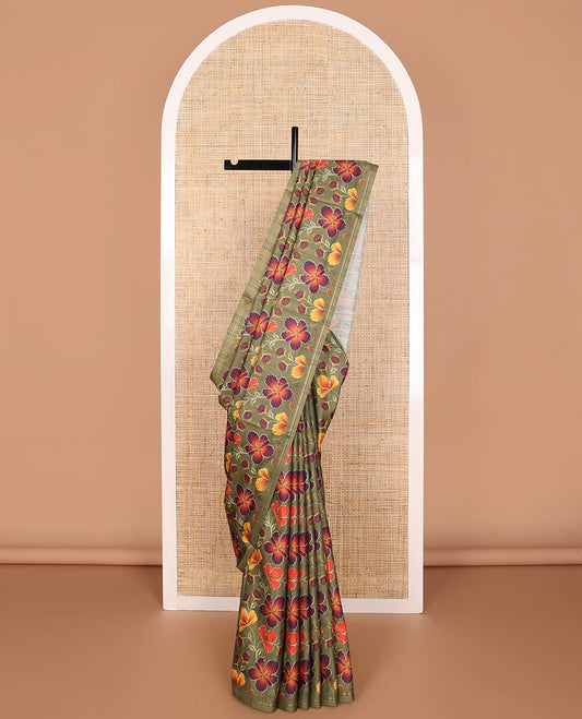 Borderless green floral print kamala silk saree with plain blouse