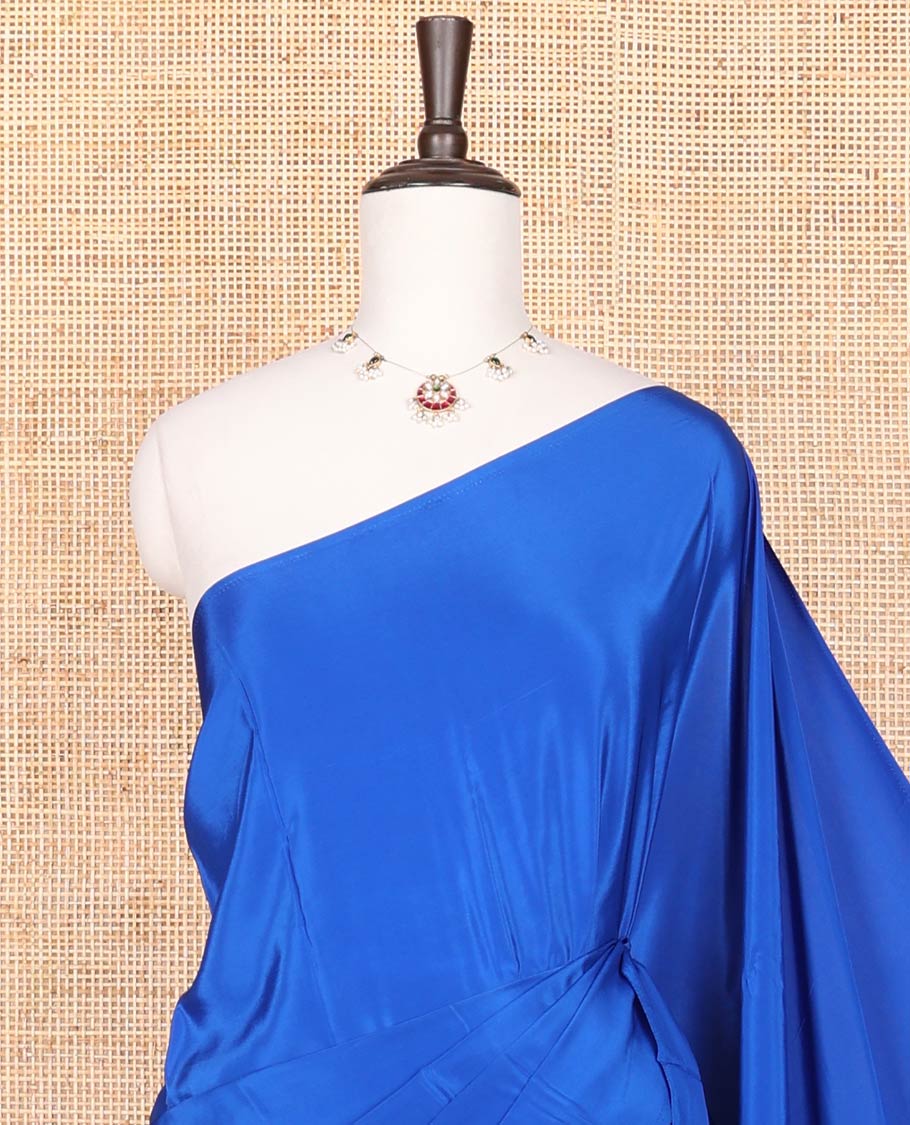Borderless blue kamala silk saree with floral printed blouse