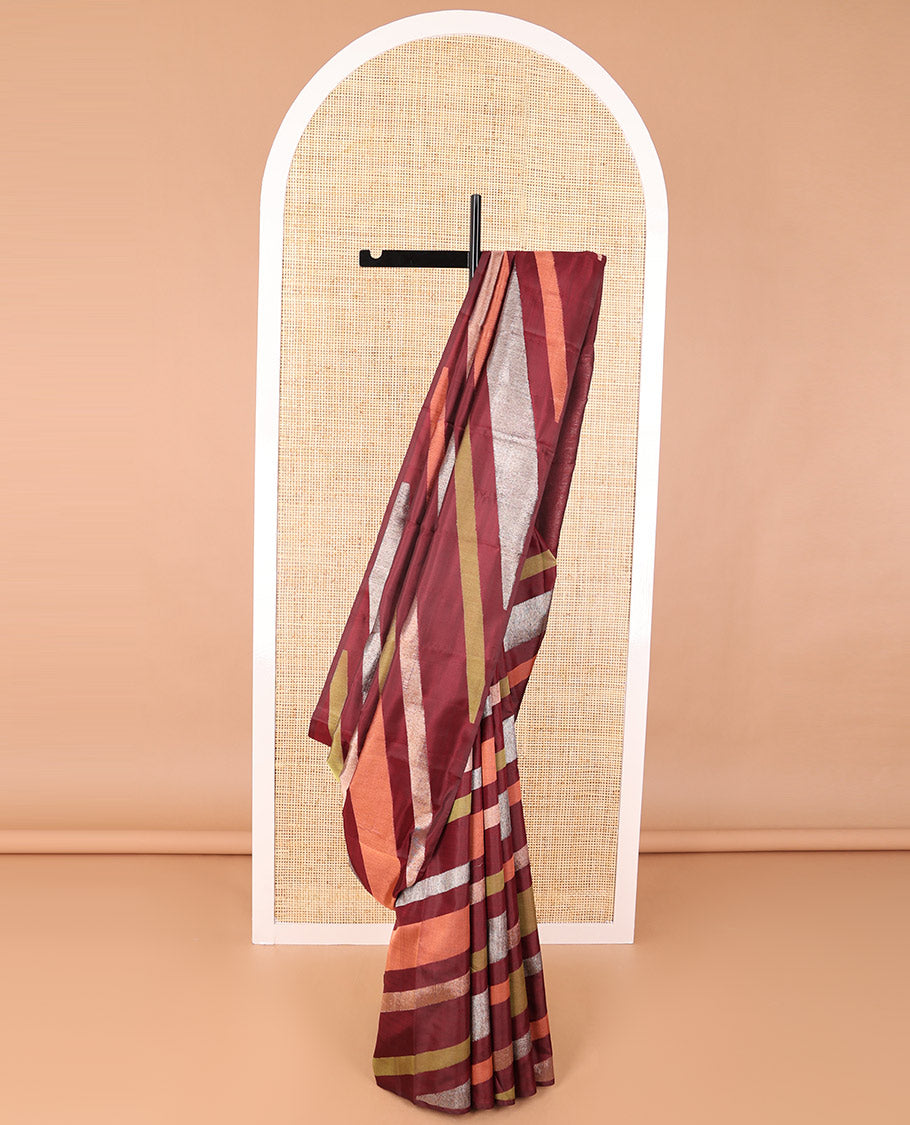 Borderless maroon striped kanchipuram designer silk saree with zari design pallu