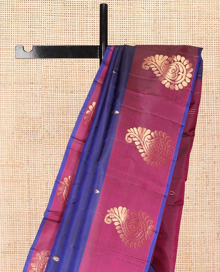 Dark blue buttas kancheepuram silk saree with contrast manga design border & floral design pallu