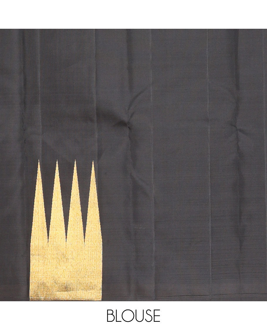 Black zari striped Kanchipuram designer silk saree, zari-enriched temple border and getti zari woven pallu of kodi visiry
