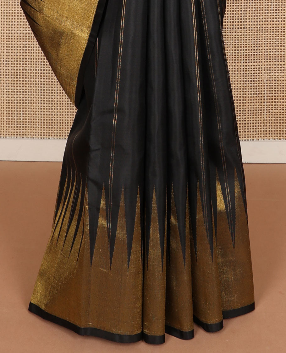 Black zari striped Kanchipuram designer silk saree, zari-enriched temple border and getti zari woven pallu of kodi visiry