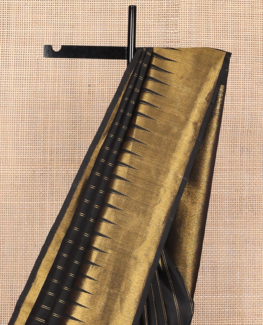 Black zari striped Kanchipuram designer silk saree, zari-enriched temple border and getti zari woven pallu of kodi visiry