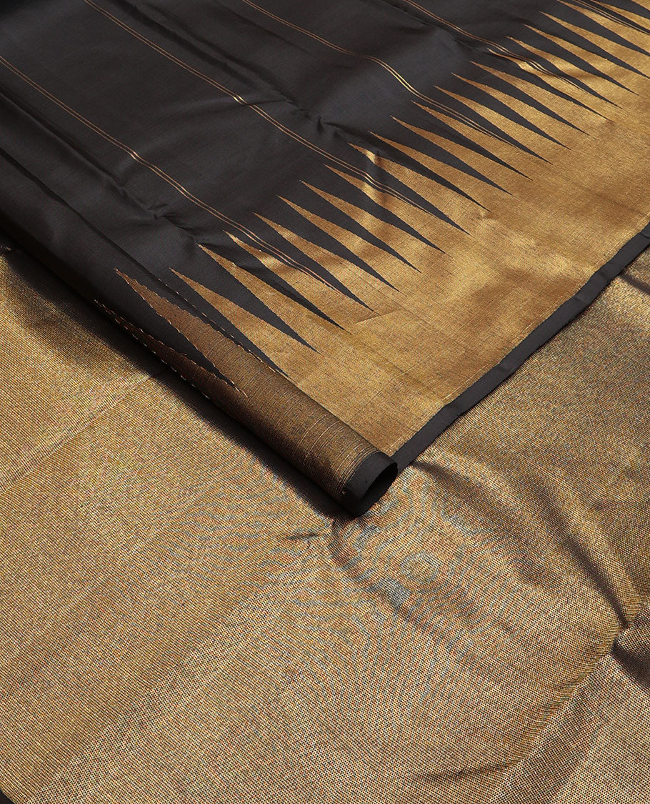 Black zari striped Kanchipuram designer silk saree, zari-enriched temple border and getti zari woven pallu of kodi visiry