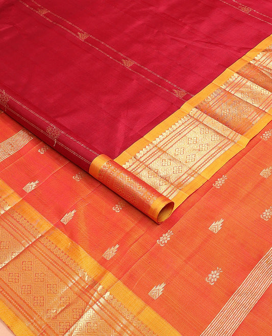 Red rekku buttas kanchipuram silksaree, contrast one-sided border of salngai,muthu,banaras & jaal designs & zari design pallu
