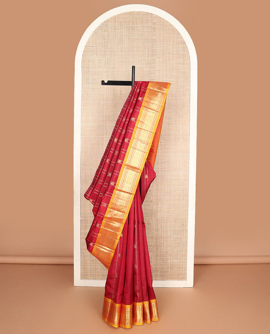Red rekku buttas kanchipuram silksaree, contrast one-sided border of salngai,muthu,banaras & jaal designs & zari design pallu