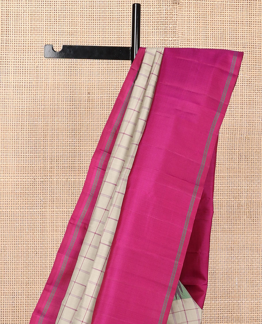 Beige checked kanchipuram silk saree, contrast thazampoo rekku rettai pettu border & pallu of thazampoo rekku & stripes