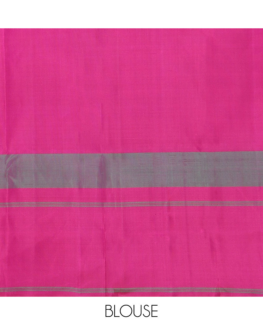 Beige checked kanchipuram silk saree, contrast thazampoo rekku rettai pettu border & pallu of thazampoo rekku & stripes