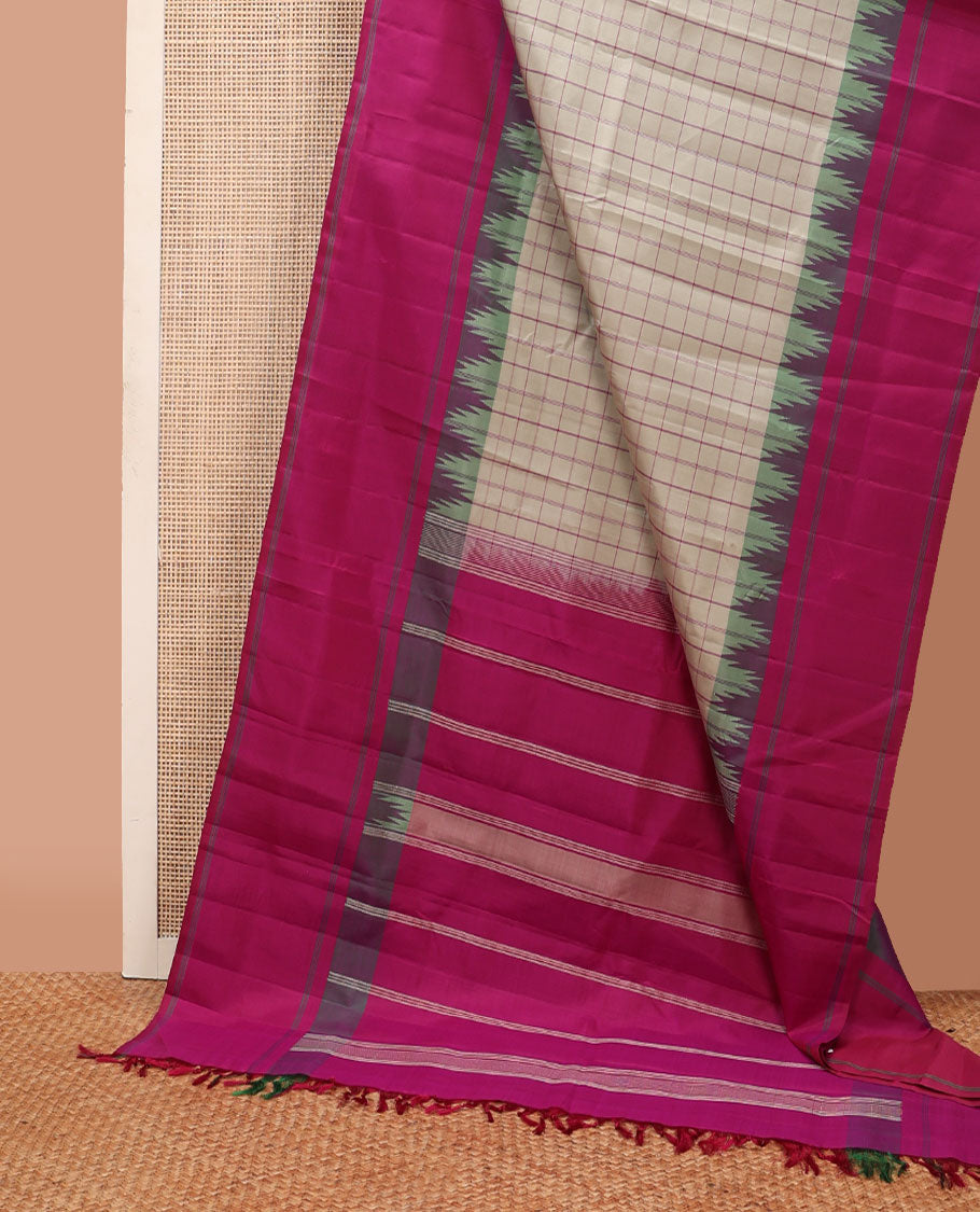 Beige checked kanchipuram silk saree, contrast thazampoo rekku rettai pettu border & pallu of thazampoo rekku & stripes