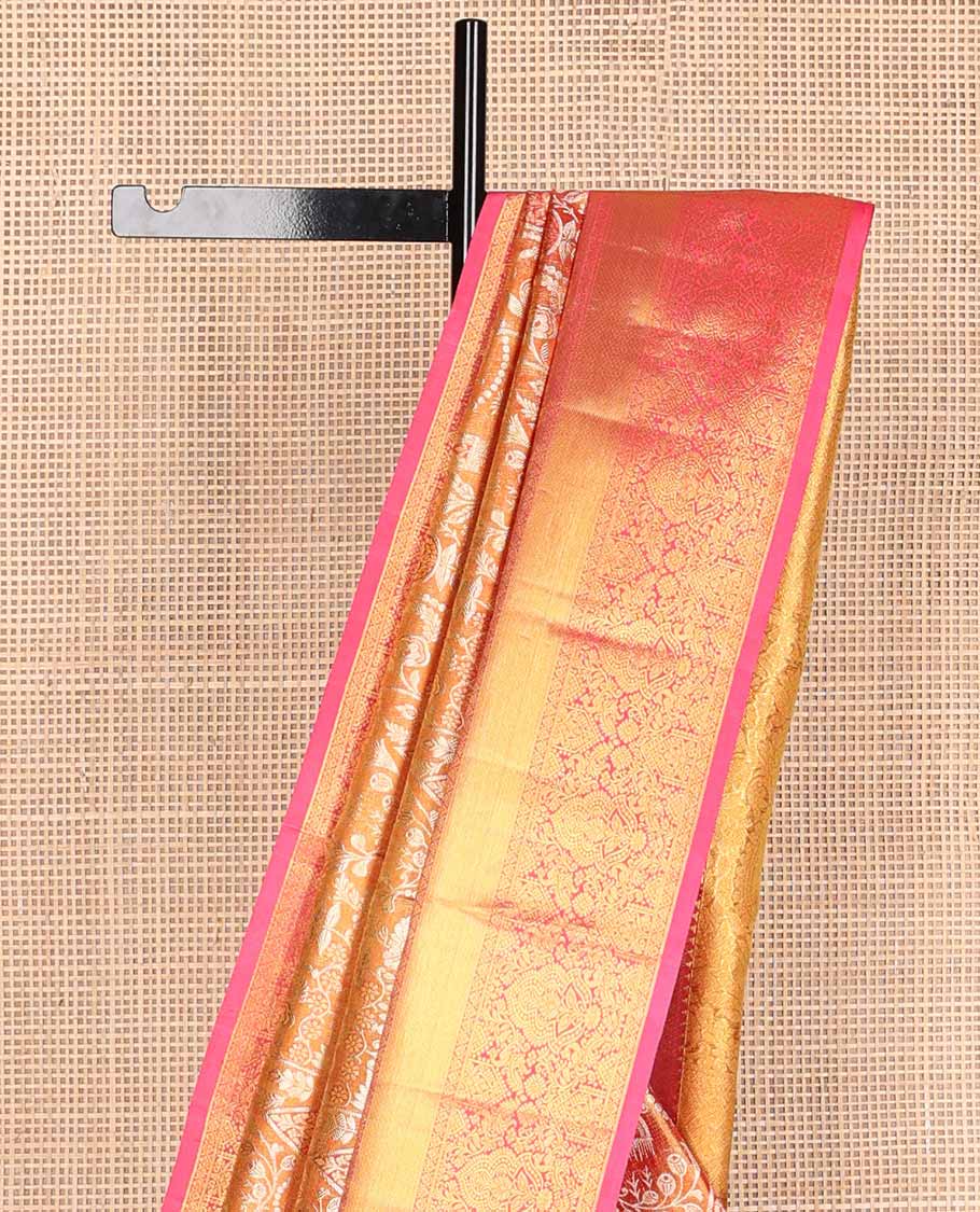 Orange zari jacquard tissue silk saree, contrast border of thilakam,kodi visiry & mayil designs & intricate pallu