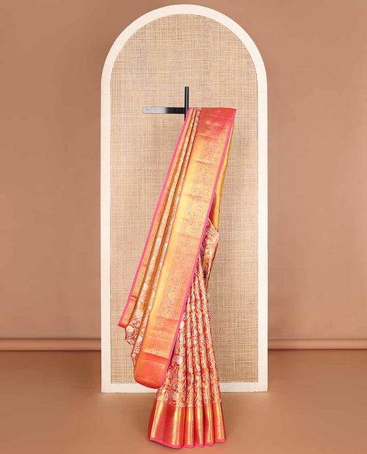 Orange zari jacquard tissue silk saree, contrast border of thilakam,kodi visiry & mayil designs & intricate pallu