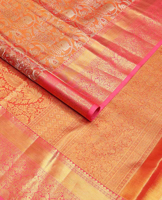 Orange zari jacquard tissue silk saree, contrast border of thilakam,kodi visiry & mayil designs & intricate pallu