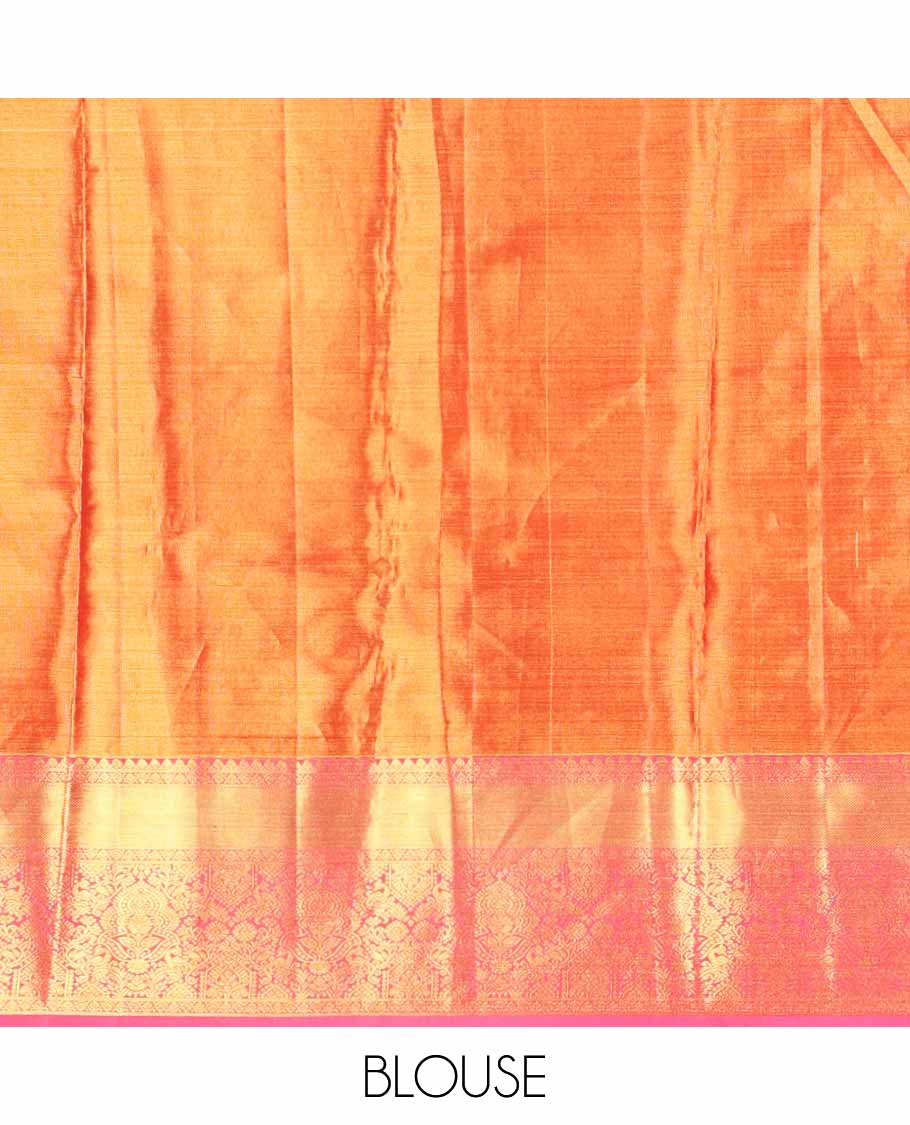 Orange zari jacquard tissue silk saree, contrast border of thilakam,kodi visiry & mayil designs & intricate pallu