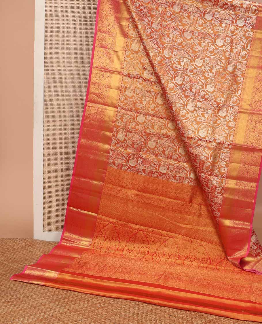 Orange zari jacquard tissue silk saree, contrast border of thilakam,kodi visiry & mayil designs & intricate pallu