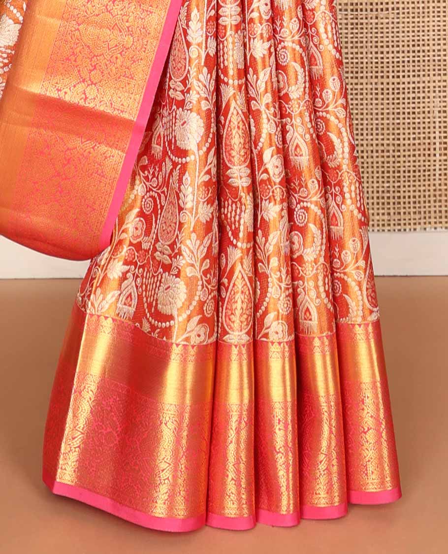 Orange zari jacquard tissue silk saree, contrast border of thilakam,kodi visiry & mayil designs & intricate pallu