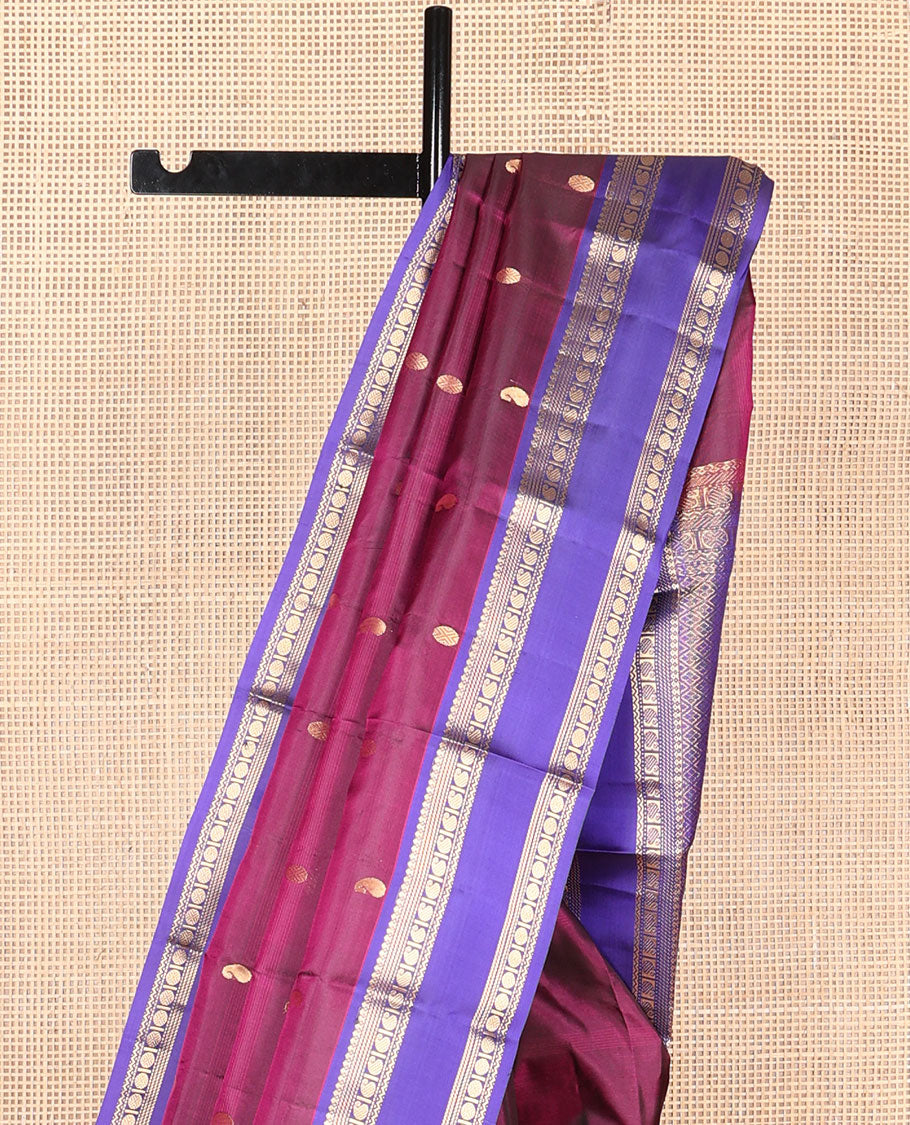 Purple manga & poun buttas Kanchipuram silk saree, contrast rettai pettu border of salngai,godhumai kann,manga,neli & rudraksham & jaal pallu