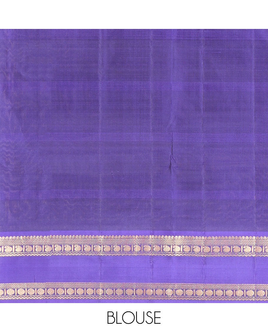 Purple manga & poun buttas Kanchipuram silk saree, contrast rettai pettu border of salngai,godhumai kann,manga,neli & rudraksham & jaal pallu