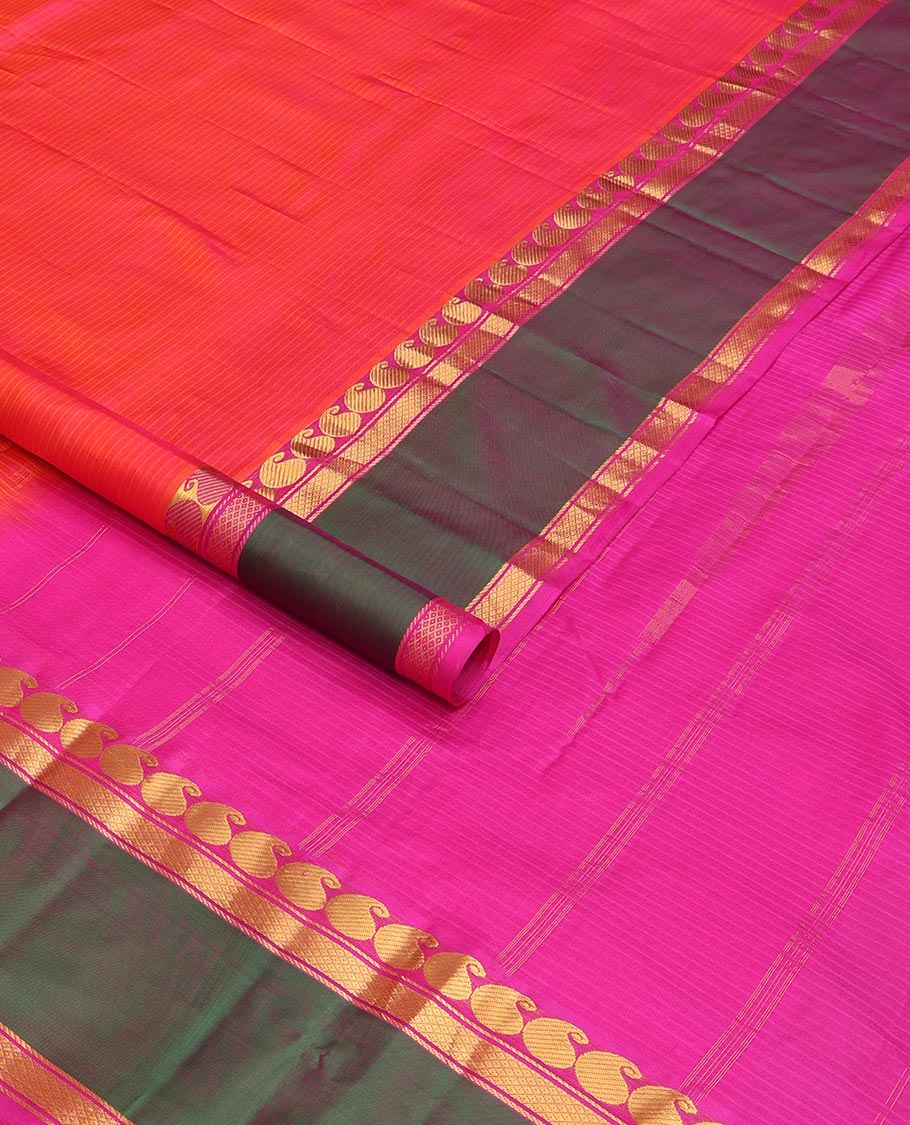 Pink striped Kanchipuram silk saree, contrast ganga jamuna rettai pettu border of manga, banaras, and mayil kann designs, and zari striped pallu