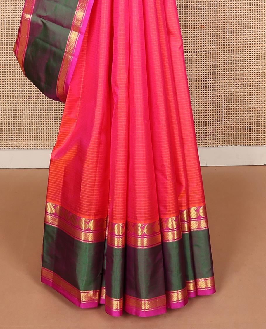 Pink striped Kanchipuram silk saree, contrast ganga jamuna rettai pettu border of manga, banaras, and mayil kann designs, and zari striped pallu