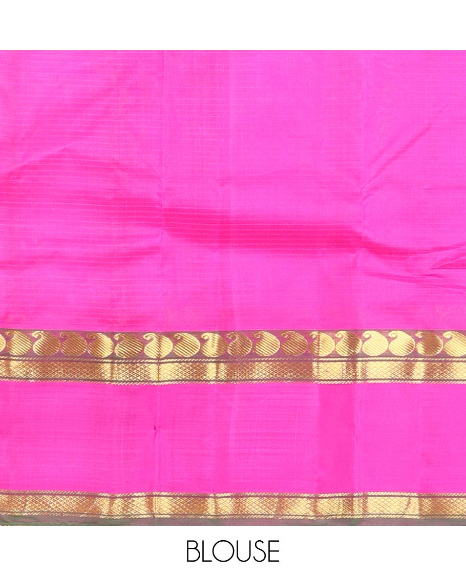 Pink striped Kanchipuram silk saree, contrast ganga jamuna rettai pettu border of manga, banaras, and mayil kann designs, and zari striped pallu