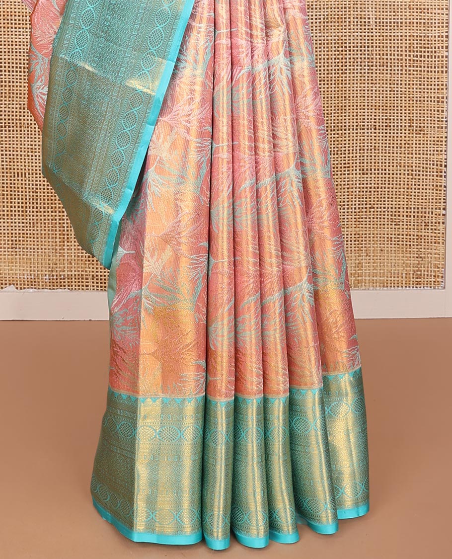 Pink Kanchipuram Tissue Silk Saree, Vibrantly Woven with Jacquard Design on Its Body, Complemented by a Contrast Border of Thilakam Mokku, Laddu Kamalam, and Zari Designs, Gleaming Zari Striped Pallu, and Paired with a Contrast Blouse