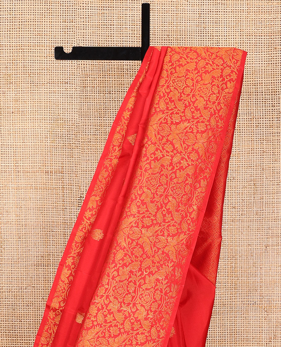 Red zari buttas Kanchipuram silk saree, floral, paisley and peacock jaal style zari woven border, and zari-rich jaal pallu