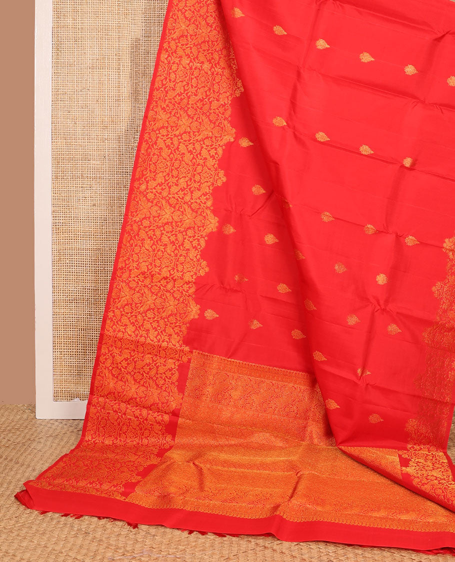 Red zari buttas Kanchipuram silk saree, floral, paisley and peacock jaal style zari woven border, and zari-rich jaal pallu