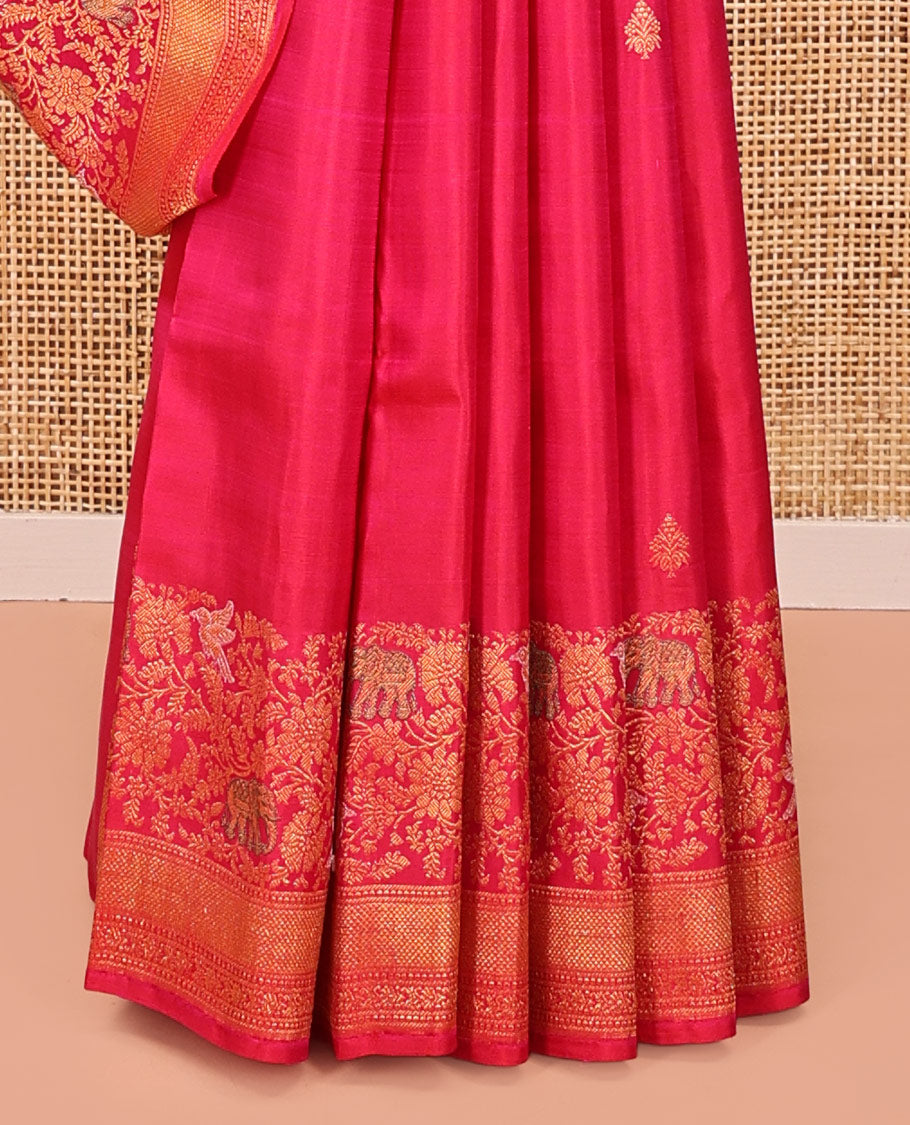 Pink Kanchipuram Designer Silk Saree, Meticulously Woven with Zari Buttas and Flora-Fauna Zari Buttas On Its Body, Highlighted by Traditional Zari Border, Grand Pallu and Paired with a Matching Blouse