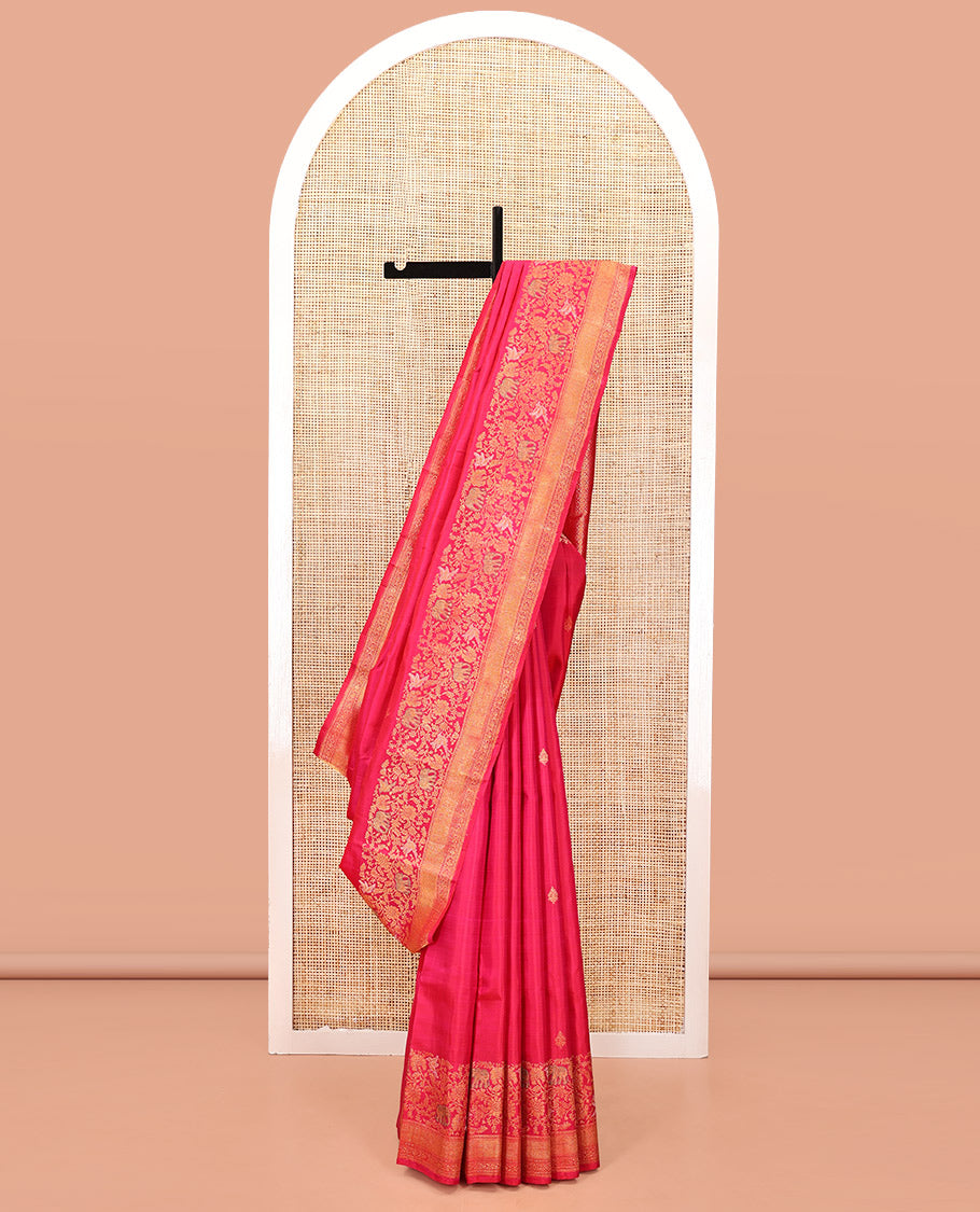 Pink Kanchipuram Designer Silk Saree, Meticulously Woven with Zari Buttas and Flora-Fauna Zari Buttas On Its Body, Highlighted by Traditional Zari Border, Grand Pallu and Paired with a Matching Blouse