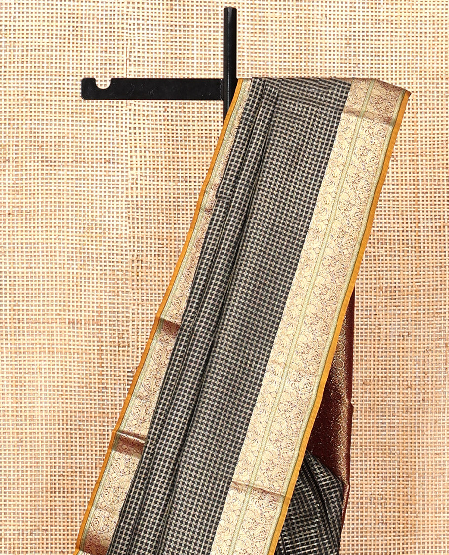 Black Kanchipuram Silk Saree, Detailed with Checks, Contrast Border of Mayil and Yaali Designs, Pallu of Intricate Designs, and a Contrast Blouse