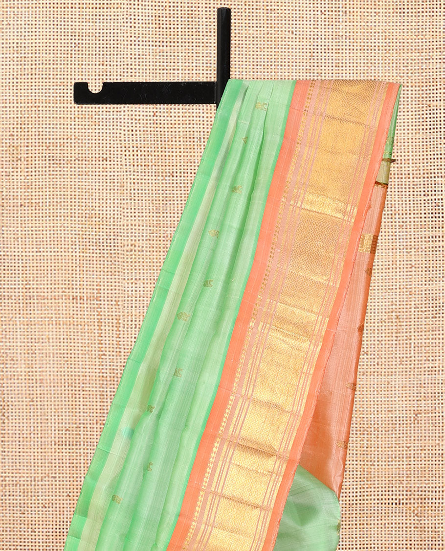 Green Zari Buttas Kanchipuram Silk Saree, Complemented by a Contrast Border of Panner Sombu, Muthu, Banaras, and Jaal Design, Pallu of Zari Design, and No Blouse