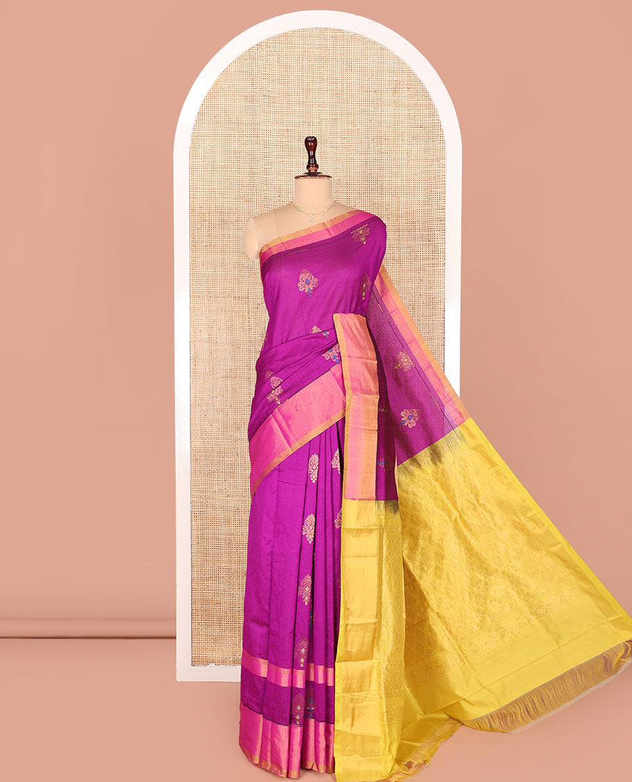 Pink Kuppadam Cotton Saree, Accentuated with Meena Buttas All Over Its Body, Complemented by a Bavanji Border, Captivating Pallu of Floral Designs, and Paired with a Contrast Blouse