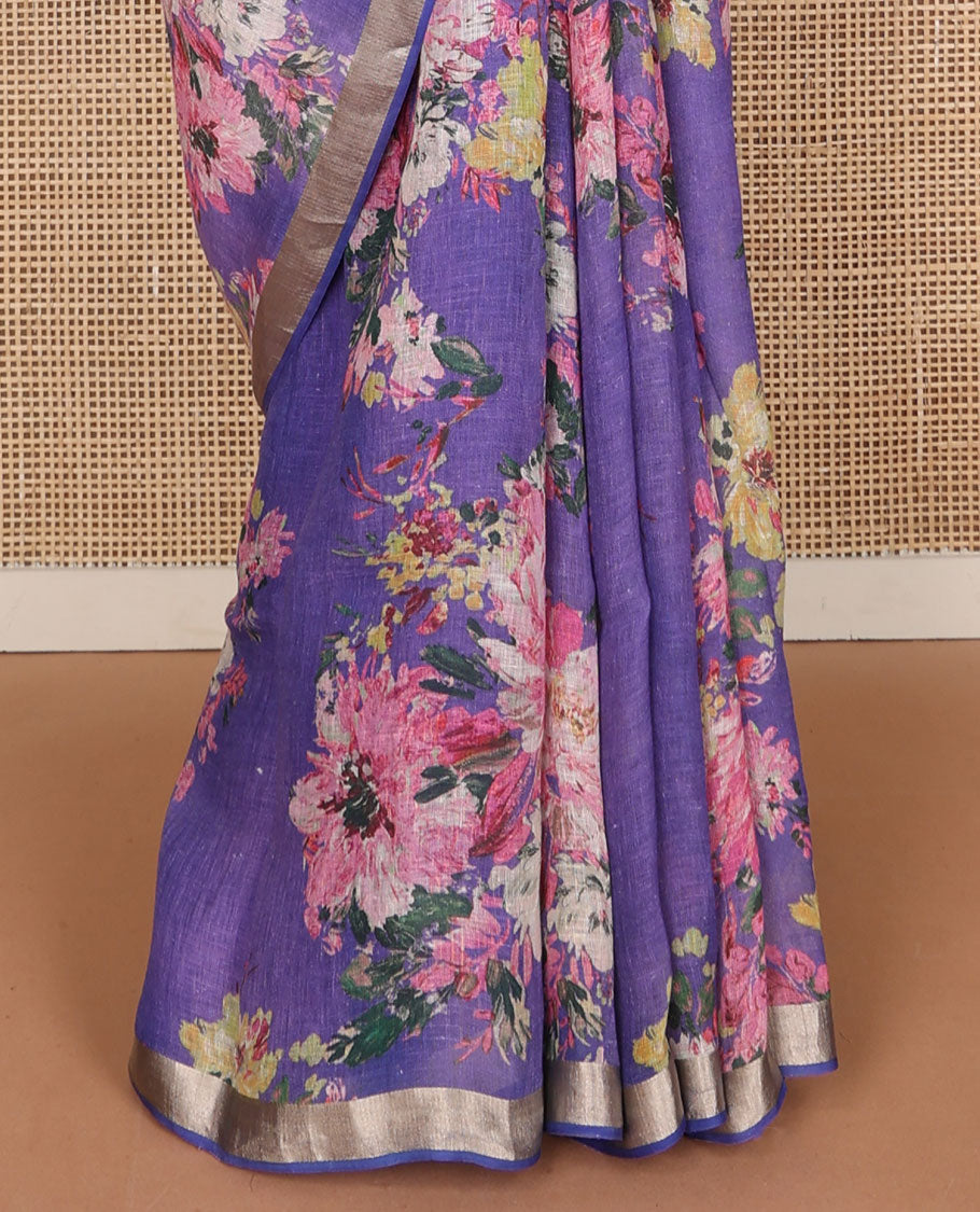 Blue floral motifs printed linen saree, zari border & pallu of stripes