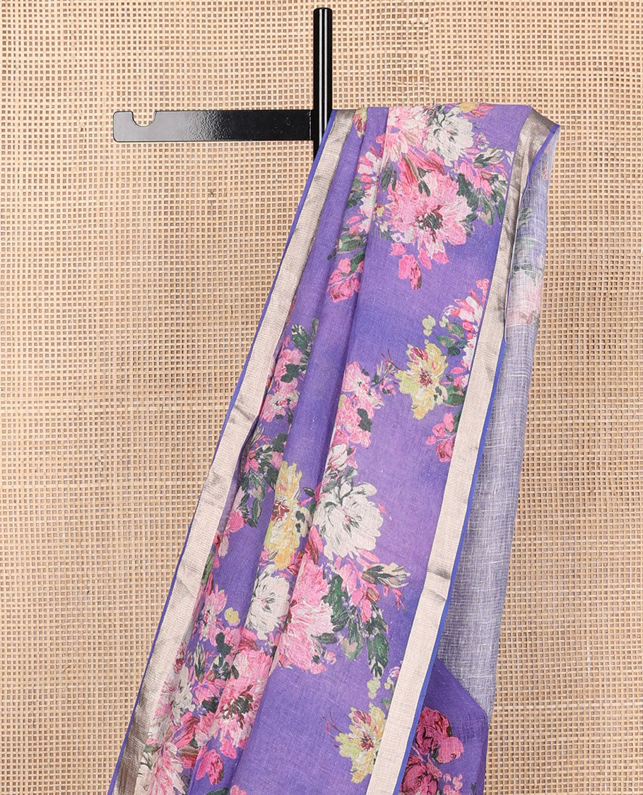Blue floral motifs printed linen saree, zari border & pallu of stripes