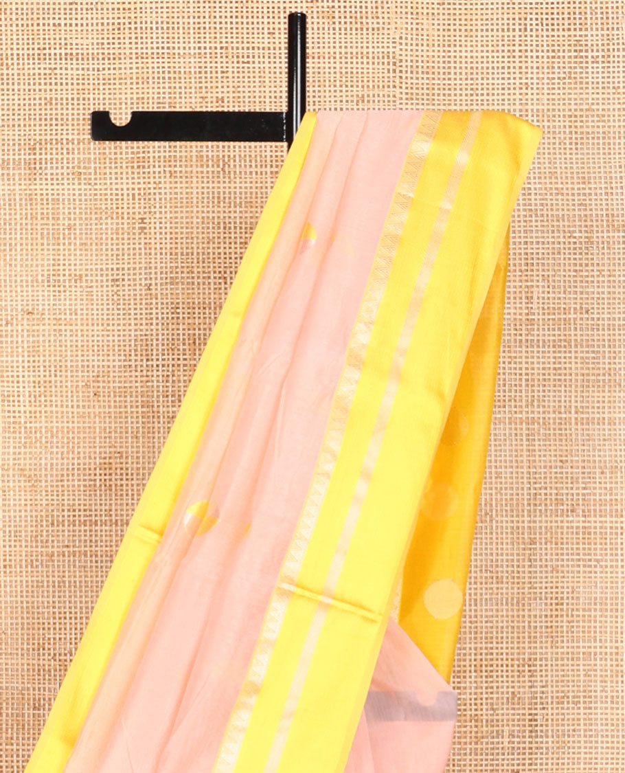 light pink motifs maheshwari cotton saree with contrast zari border & polka dot pallu