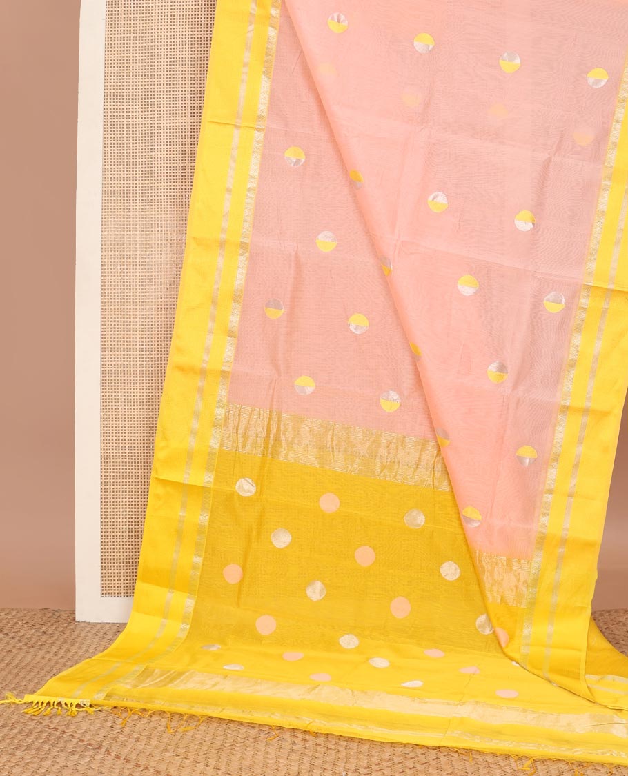 light pink motifs maheshwari cotton saree with contrast zari border & polka dot pallu