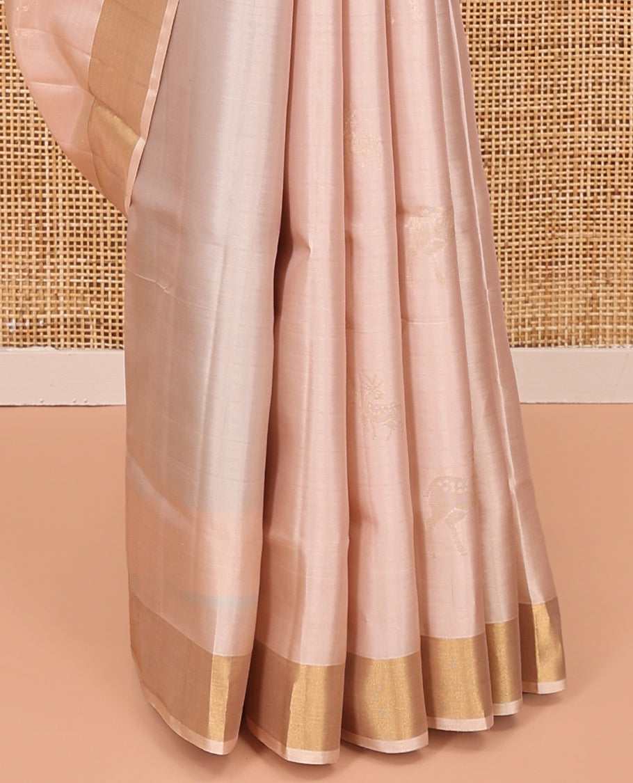 Pink Mayuri Soft Silk Saree, Sparsely Woven with Deer Buttas All Over the Body, Highlighted by Zari Bavanji Border, Complemented by Contrast Intricately Designed Pallu, and Paired with a Contrast Blouse