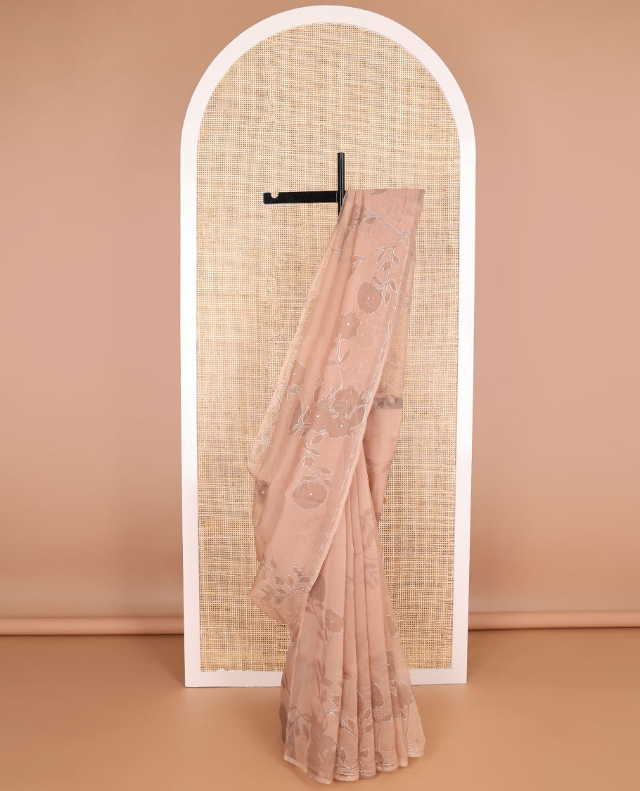 Borderless light brown all-over floral design organza saree
