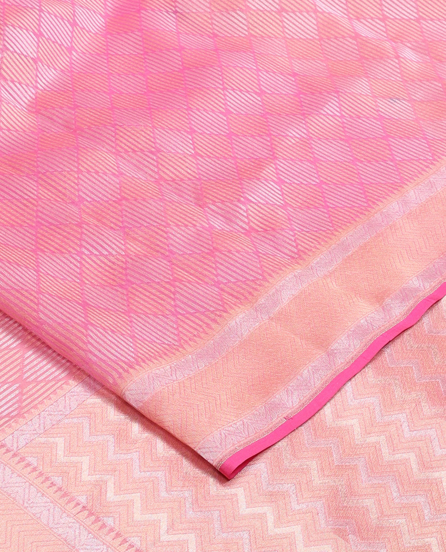 Pink jaal jacquard silk saree, geometric patterned border, and pallu of chevron design